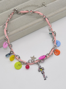 辣妹彩色纽扣项链女夏季小众设计感钥匙吊坠粉皮锁骨链ins风颈链