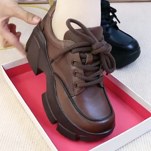 爆款松糕厚底增高系带小皮鞋