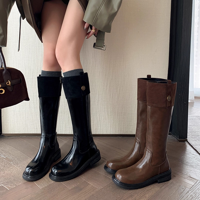 美拉德复古拼接时尚长筒靴女2025秋冬新款低跟不过膝长靴骑士靴子,女鞋,时装靴,淘宝优惠券,粉丝福利购,淘宝优惠卷