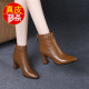 高跟皮鞋 新款 真皮尖头马丁靴单靴子 粗跟加绒短靴女2026冬季 品牌鞋