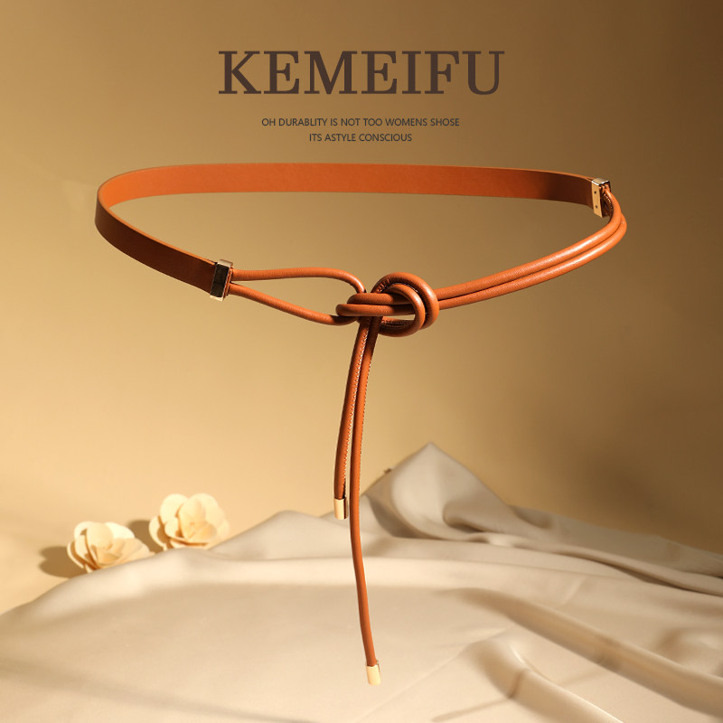 细腰带女真皮软牛皮小众打结皮带棕色百搭配裙子装饰大衣收腰新款