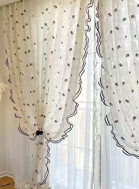 OQB黑色刺绣玫瑰法式中古风奶油小香风浪漫花边纱帘透光不透人