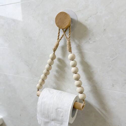 No Drill Hemp Rope Wooden Bead Design Toilet Paper Holder wi