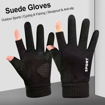 Winter Warm Cycling Suede Gloves for Men Hiking Soft Fishing