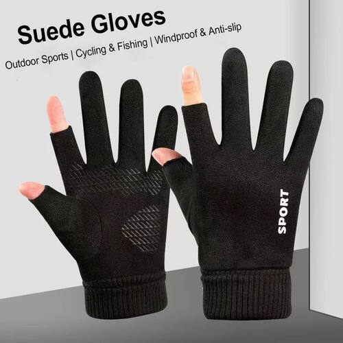 Winter Warm Cycling Suede Gloves for Men Hiking Soft Fishing