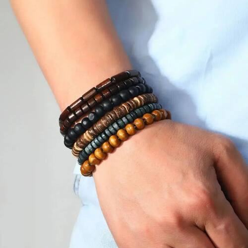 6PCS Vintage Braided Leather Bracelet Men Wood Beads Armband