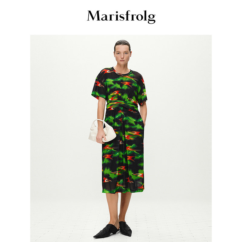 【艺术花稿】Marisfrolg玛丝菲尔圆领花色收腰T恤长款连衣裙女士