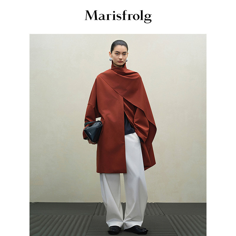 Marisfrolg玛丝菲尔秋季新款时尚优雅落肩袖酒红色披肩式围巾风衣