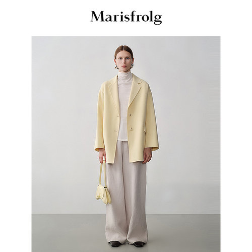 【商场同款】Marisfrolg玛丝菲尔冬季新款淡黄色羊毛大衣外套女
