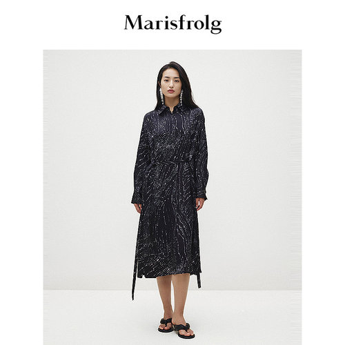 【新能量黑裙】Marisfrolg玛丝菲尔秋季收腰长袖水滴印花连衣裙女