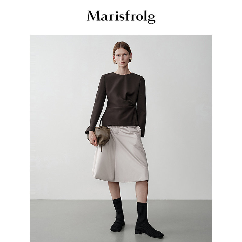 Marisfrolg玛丝菲尔冬季新款设计感时尚浅卡直筒宽松轻薄感棉裤裙