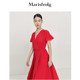 玛丝菲尔2022夏季 名媛礼服v领别致惊艳红色连衣裙百褶女 新品