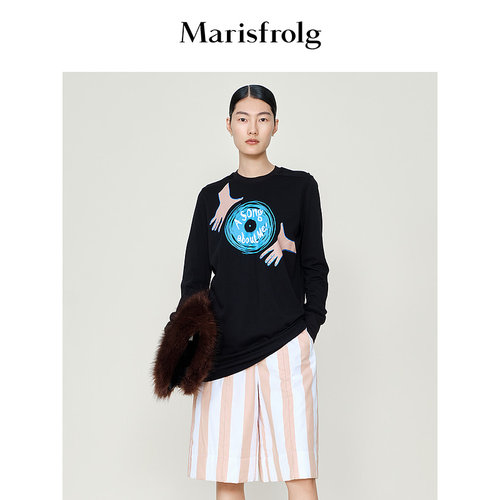 【商场同款】玛丝菲尔上衣冬季新黑色印花新疆棉长袖圆领上衣