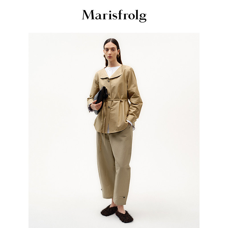 Marisfrolg玛丝菲尔秋季新款时尚优雅宽松条纹一字领衬衫衬衣女款