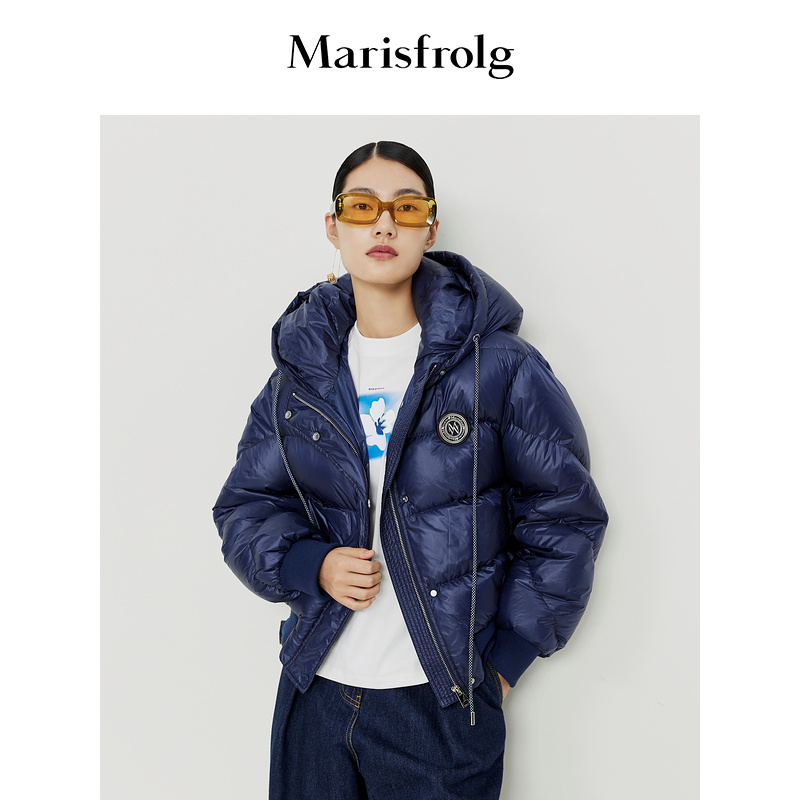 【截短羽绒服】玛丝菲尔冬季新款蓝色立领白鹅绒长款羽绒服