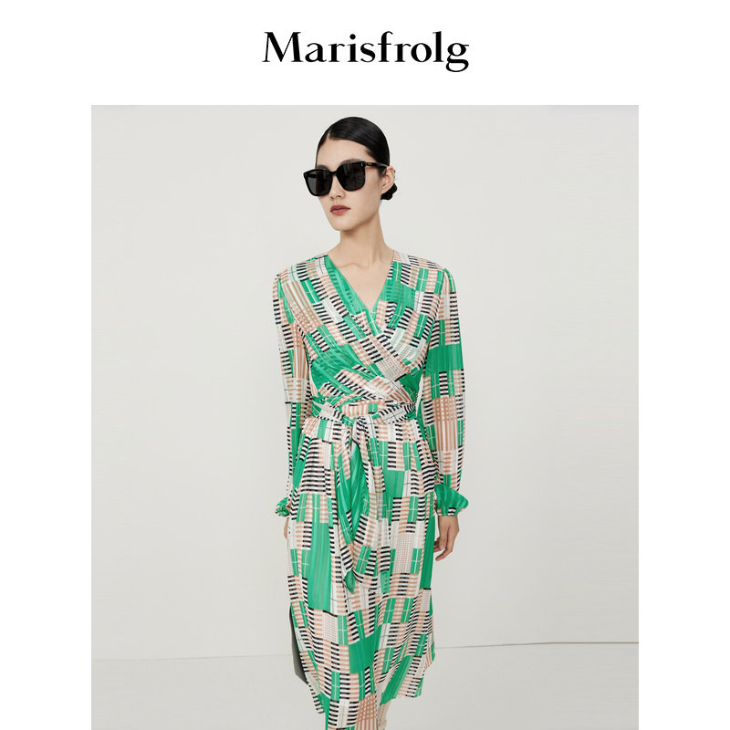 【商场同款】玛丝菲尔2022年夏装新款长袖中长款v领连衣裙裙子