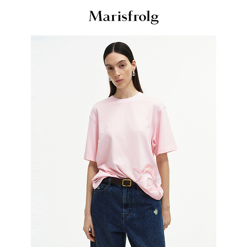 Marisfrolg玛丝菲尔秋季新款休闲时尚裸米粉色纯棉宽松短袖T恤女