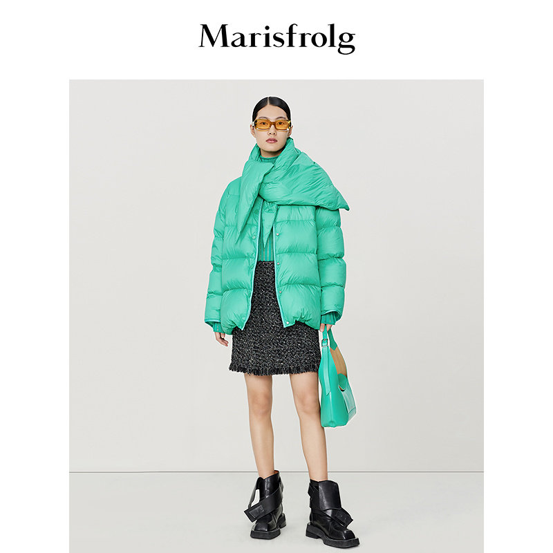 【大白鹅羽绒服】玛丝菲尔冬季新款松石绿可拆卸披肩领羽绒服