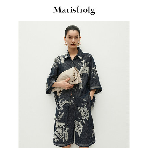 【商场同款】Marisfrolg玛丝菲尔夏季五分袖牛仔印花衬衫短外套女