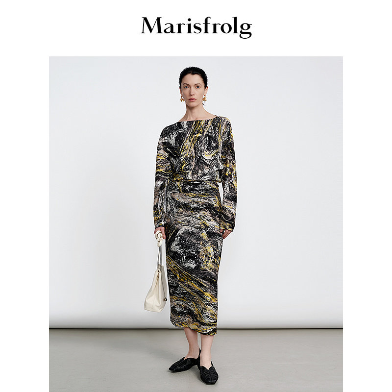 【绵羊毛100%】Marisfrolg玛丝菲尔春季一字领印花收腰连衣裙女士