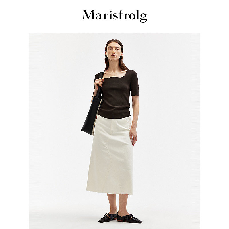 【商场同款】Marisfrolg玛丝菲尔夏季新款咖啡棕弧形领针织衫女士