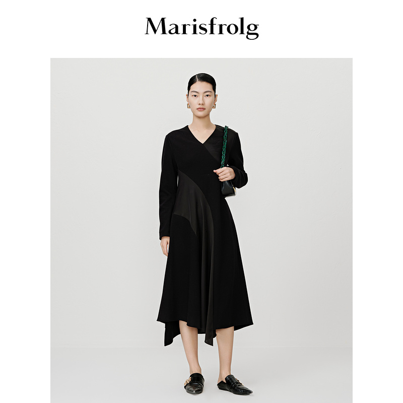 【会员价1312元】玛丝菲尔奥莱冬季新款黑色不对称式纯羊毛连衣裙