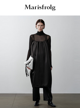 【商场同款】玛丝菲尔奥莱冬季新款黑色双面段一裙两穿花苞长裙