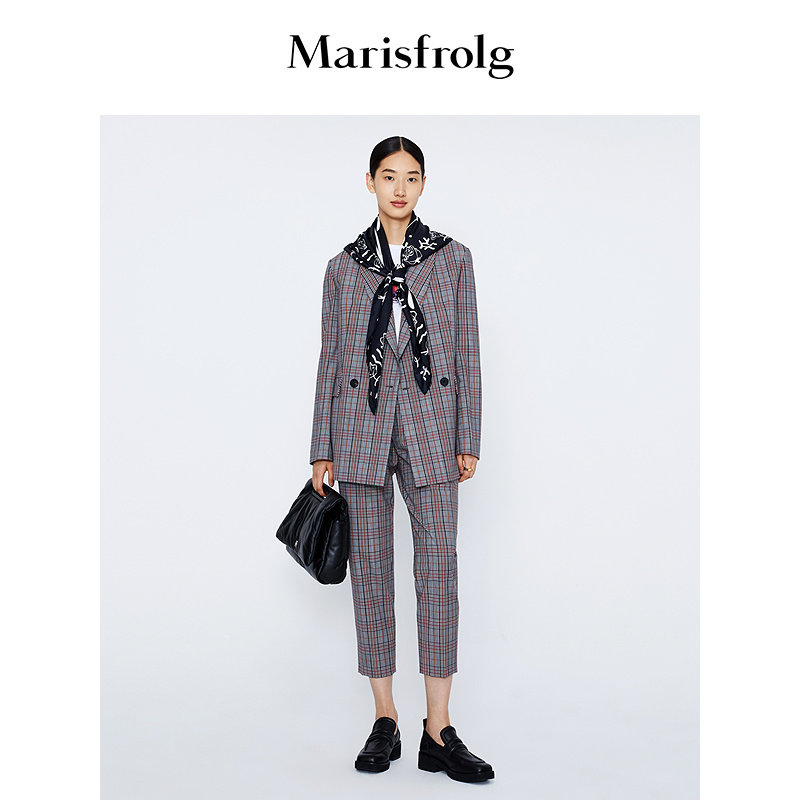 【商场同款】Marisfrolg玛丝菲尔冬季新款撞色格纹羊毛直筒休闲裤