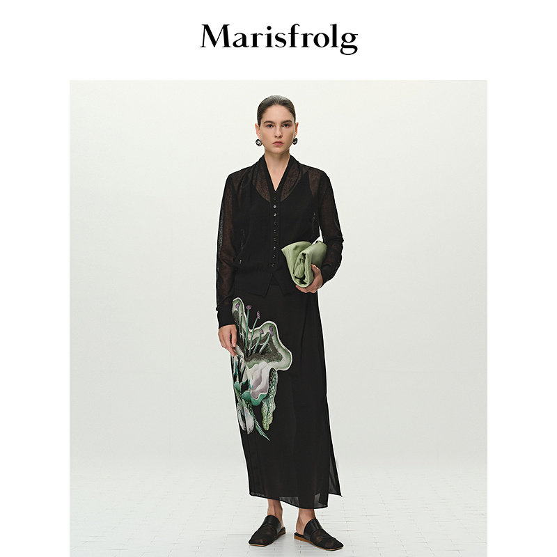 Marisfrolg玛丝菲尔重工刺绣印花长裙开叉优雅时尚设计感半身裙女