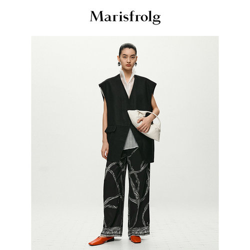 【桑蚕丝100%】Marisfrolg玛丝菲尔夏季时尚真丝印花阔腿直筒裤子