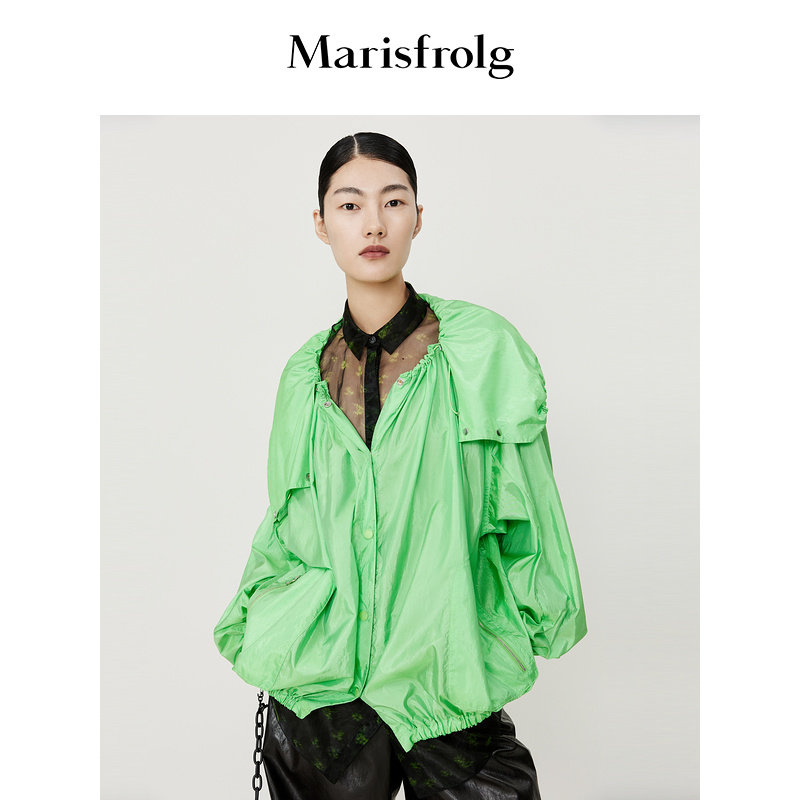 Marisfrolg玛丝菲尔秋季新款休闲轻薄设计感减龄绿色短款风衣外套