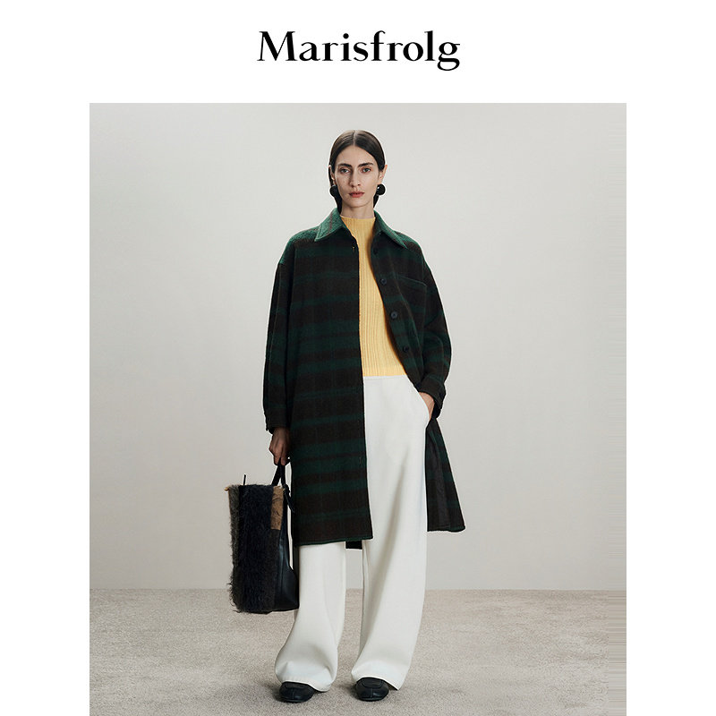 【艺术时装】Marisfrolg玛丝菲尔冬季新款绿棕撞色羊毛毛呢大衣