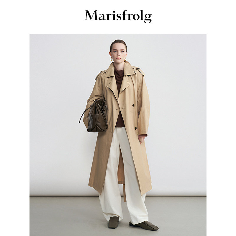 Marisfrolg玛丝菲尔秋季休闲浅卡插肩袖纯棉双排扣长款风衣外套女