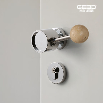 吉尔保盾中古风复古木门锁室内卧室静音磁吸房门锁银色洞石门把手