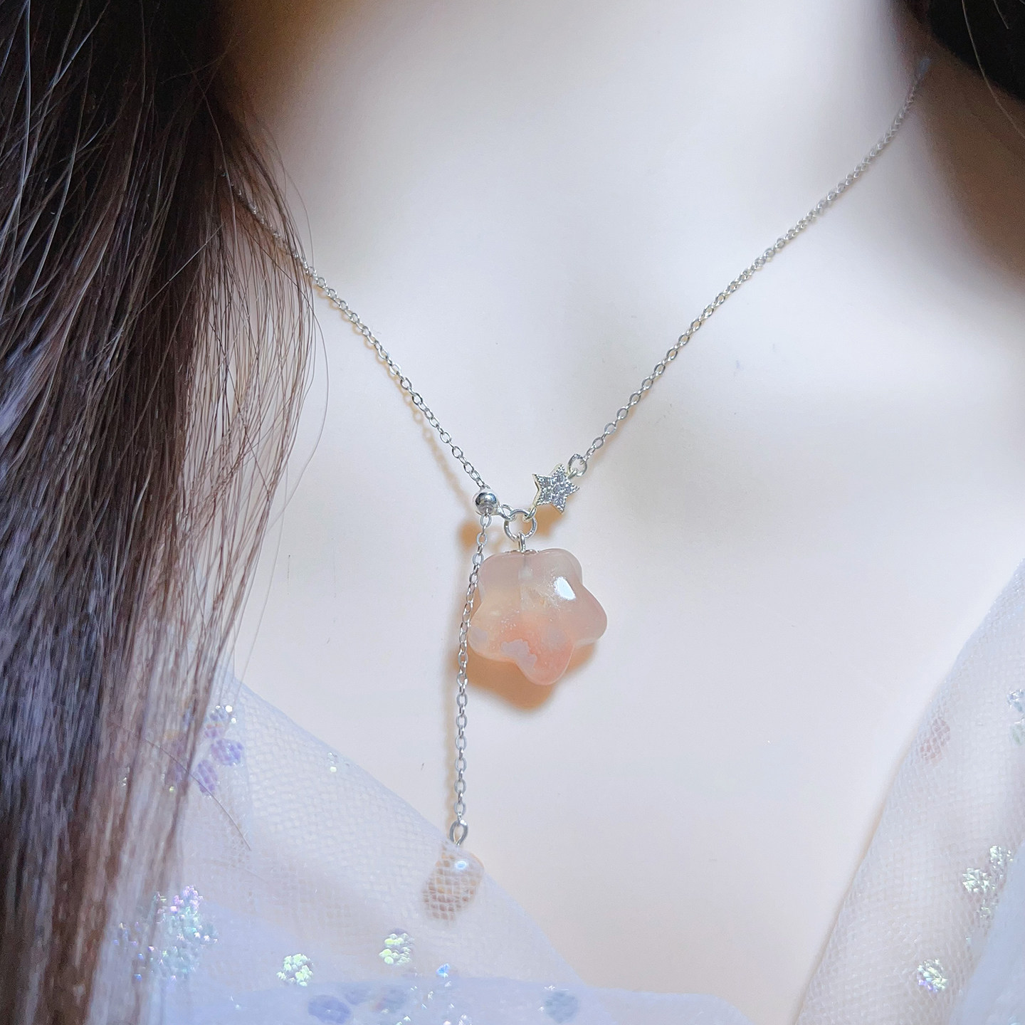 天然水晶饰品樱花玛瑙星星吊坠纯银小众原创粉嫩仙气可调节项链