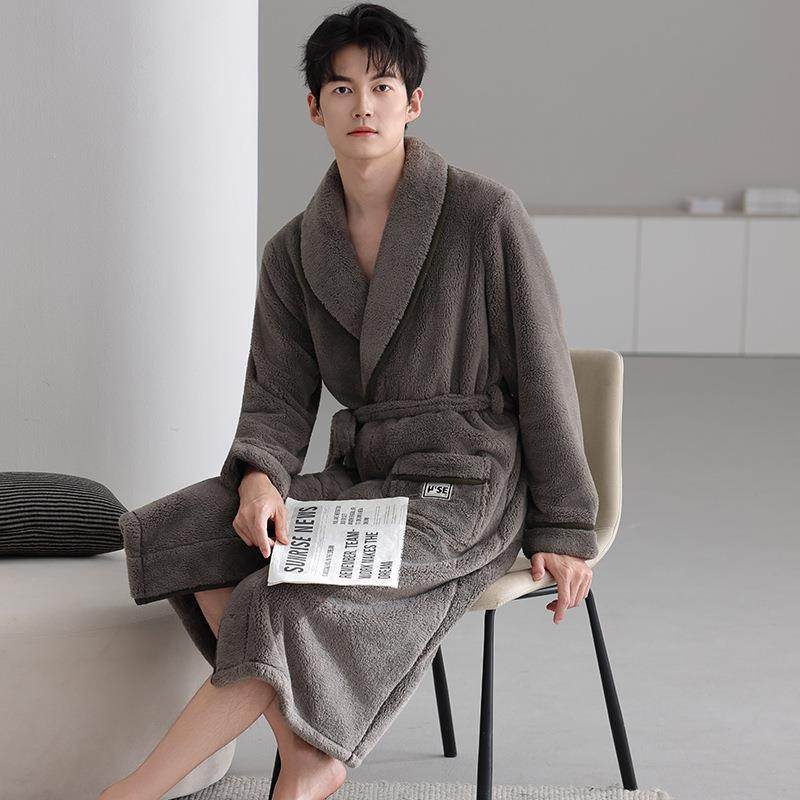 男士睡袍秋冬款加绒厚保暖