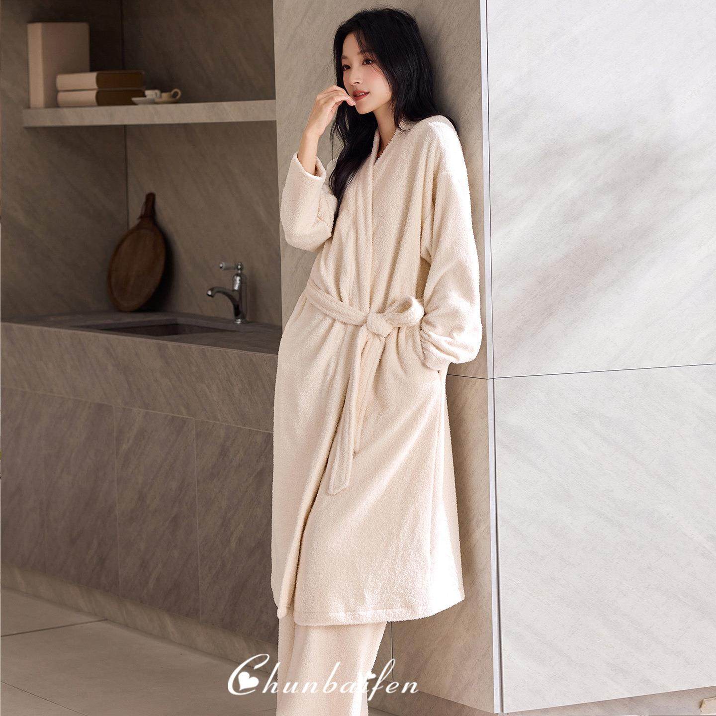 睡衣女秋冬季半边绒背心袍