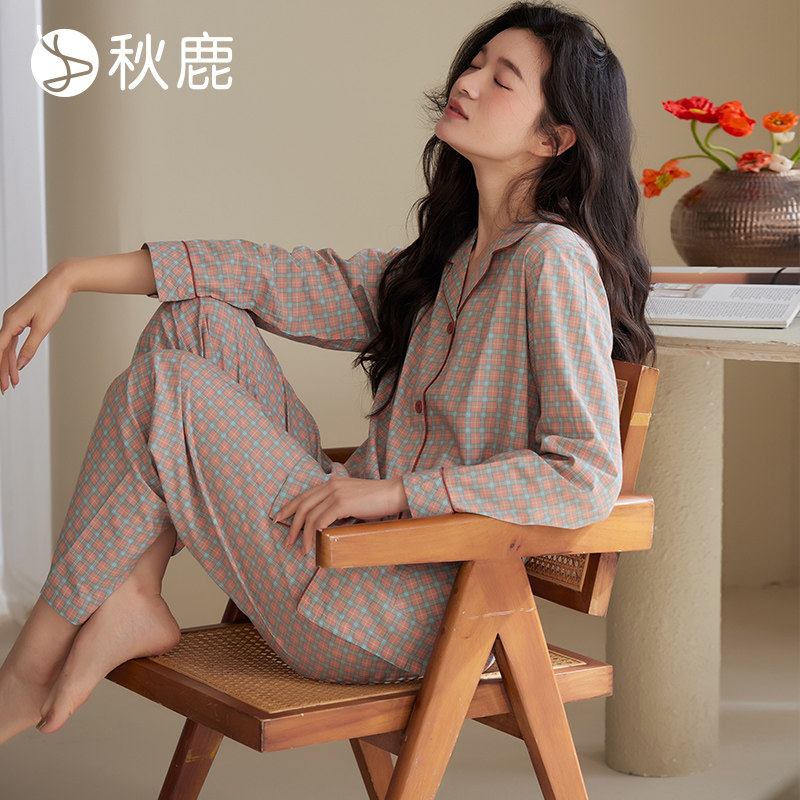 秋鹿长袖长裤情侣睡衣女款秋款经典格子家居服男春秋梭织纯棉套装