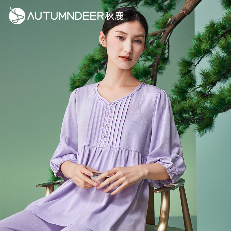 秋鹿【直播专享】新中式国风提花棉睡衣女春夏季新款七分袖九分裤