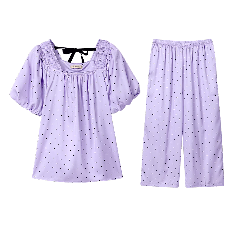 秋鹿冰丝圆点睡衣女款夏
