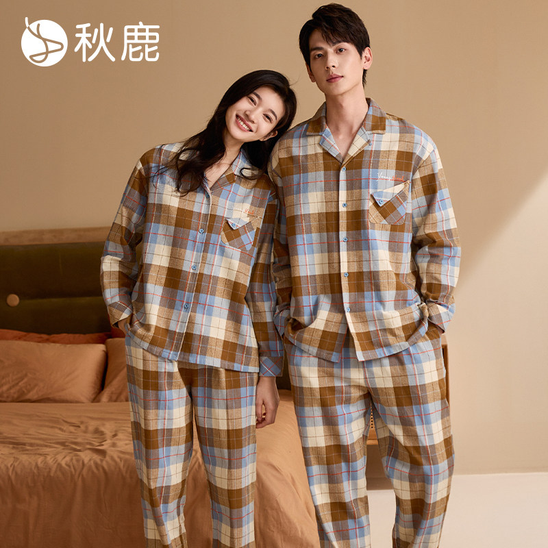 秋鹿情侣睡衣秋季长袖长裤格子美拉德色织格纯棉家居服套装可外穿