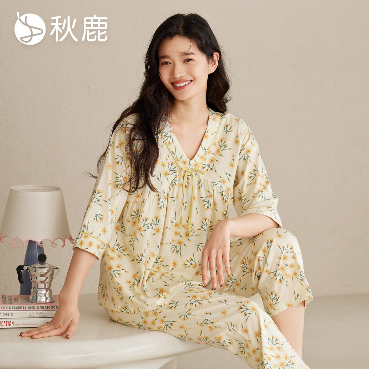 秋鹿【直播专享】丝滑纯棉抑菌睡衣女春夏季V领七分袖法式碎花