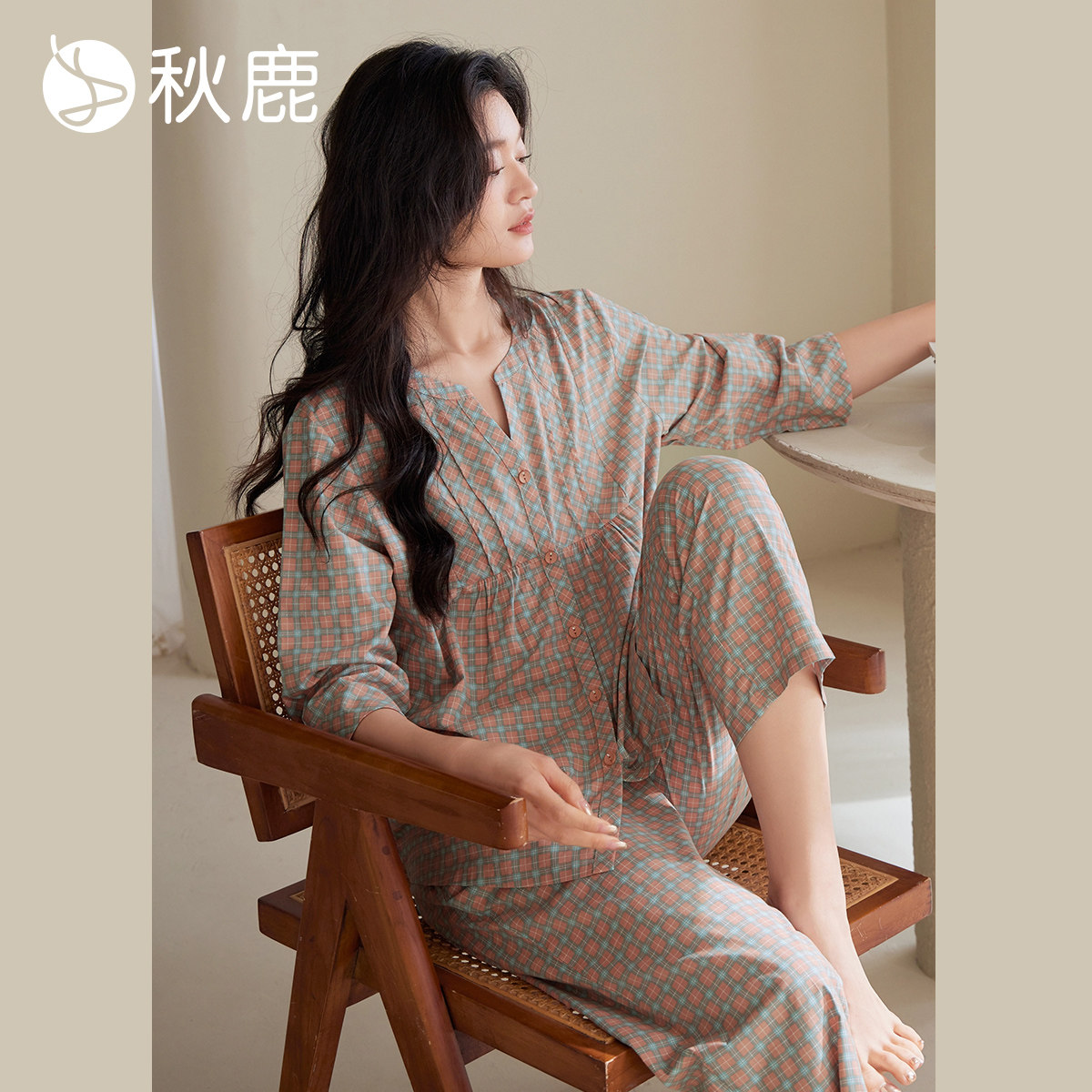秋鹿【直播专享】梭织色织格棉质七分袖睡衣女夏季薄款格子家居服