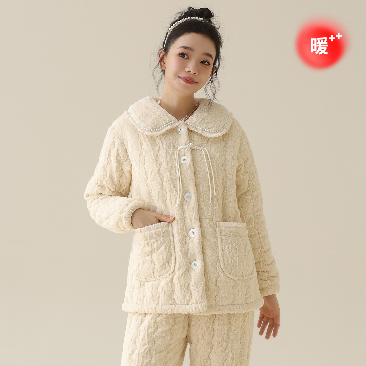 秋鹿睡衣女冬季三层夹棉加厚