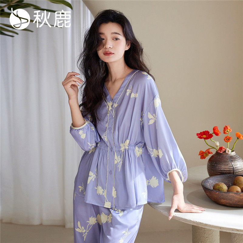 秋鹿仿真丝睡衣女款夏季七分袖九分裤南韩丝开衫家居服女春夏薄款