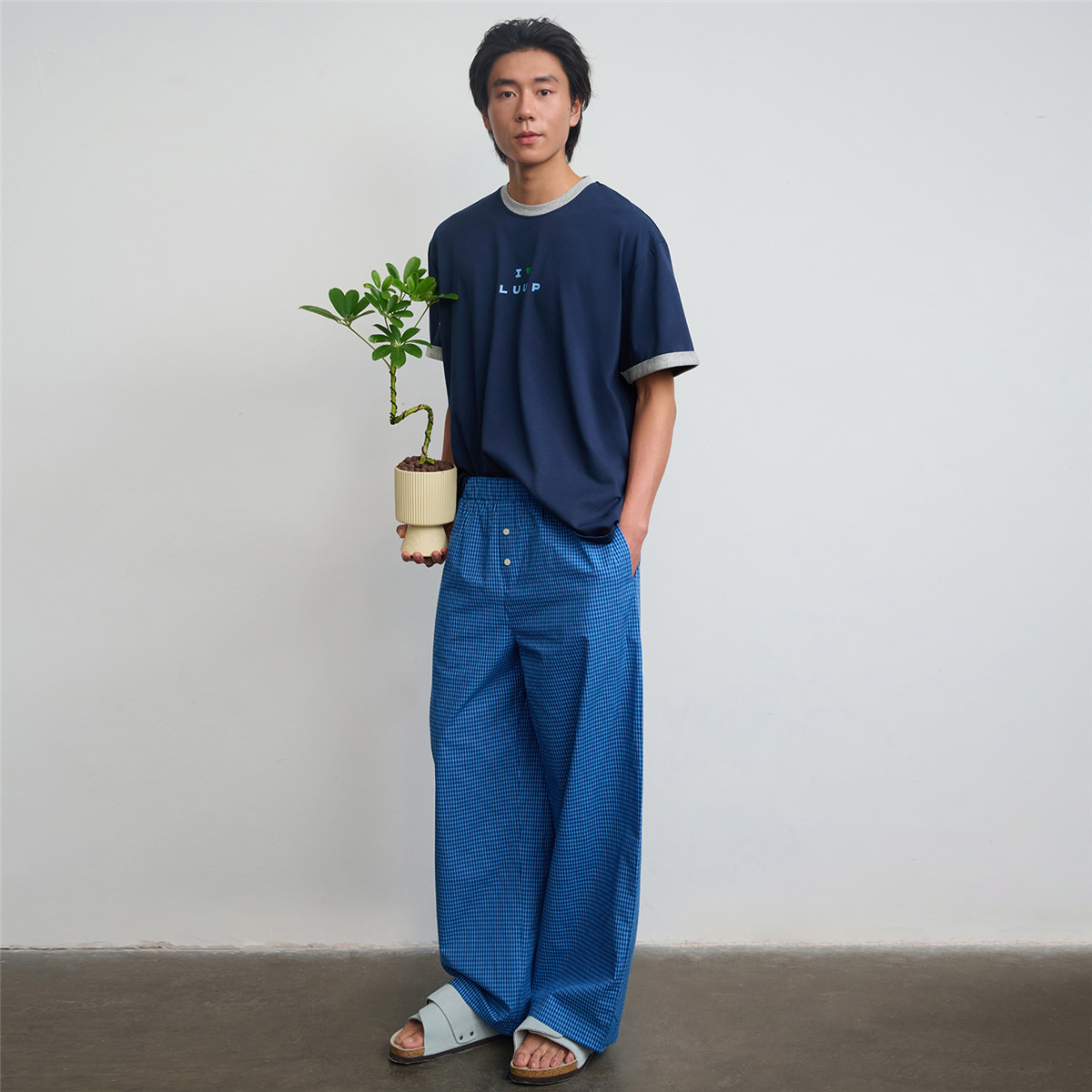 秋鹿【100%纯棉】男士睡裤家居裤春季可外穿宽松休闲格纹直筒裤男