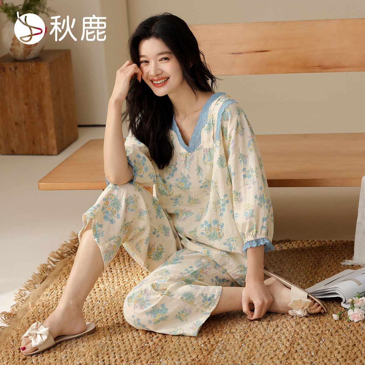 秋鹿【双层棉纱睡衣】5A抑菌防螨V领女士睡衣可外穿纯棉家居服女