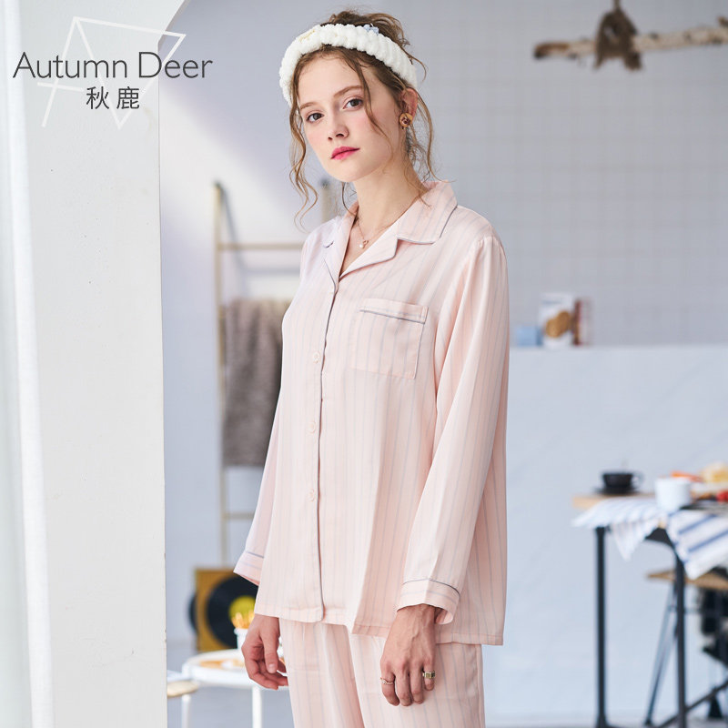 秋鹿清仓春季翻领长袖冰丝情侣睡衣休闲条纹开衫男女家居服套装,女士内衣/男士内衣/家居服,睡衣/家居服套装,淘宝优惠券,粉丝福利购,淘宝优惠卷