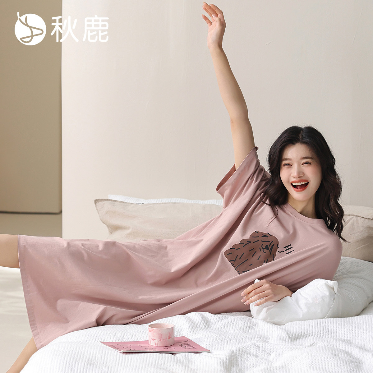 秋鹿减龄小狗印花柔软纯棉睡裙女2026夏季新款短袖宽松睡衣家居服