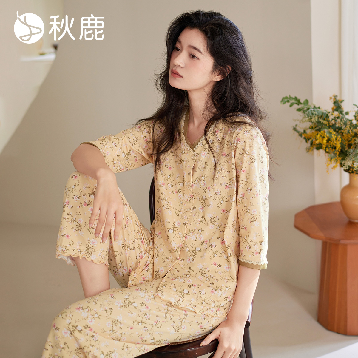 秋鹿【直播专享】蕾丝花边V领显瘦纯棉睡衣女夏季薄款碎花七分袖